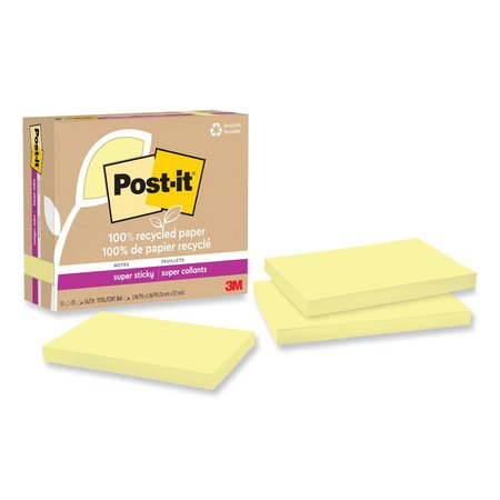 POST IT NOTES SUPER STICKY 100% Recycled Paper Super Sticky Notes, 3 x 5, Canary Yellow, 70 Sheets/Pad, 12PK 70007079760